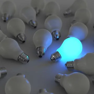 3d growing light bulb standing out from the unlit incandescent bulbs as leade Stock-Illustration