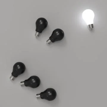 3d growing light bulb standing out from the unlit incandescent bulbs as leade Stock Illustration