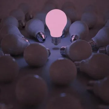3d growing light bulb standing out from the unlit incandescent bulbs Stock-Illustration