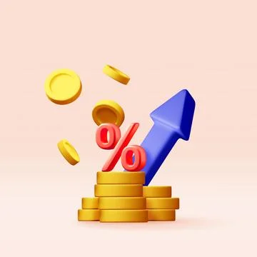 3D growth stock chart arrow with percent and coins Illustrazione stock