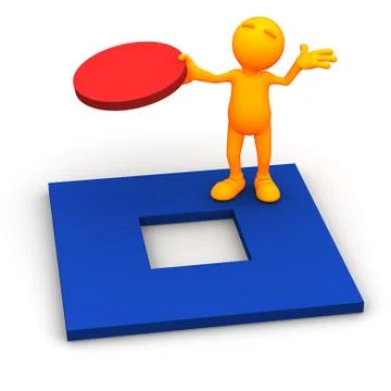 3d guy: fitting a round peg in square hold Stock Illustration
