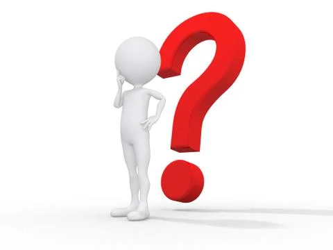 3d guy thinking in front of a big question mark - isolated Illustrazione stock