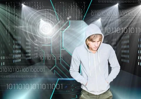 3D Hacker with hands in pocket standing on in front of digital background Stockfoto's