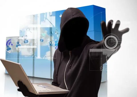 3d Hacker holding a laptop and  tendering his arm in a data center Foto stock