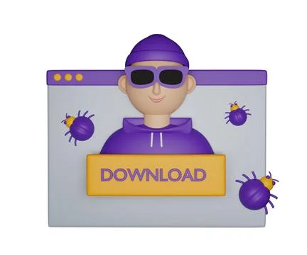 3D hacker icon, cartoon render male fraudster, cyber criminal character Ilustración de archivo