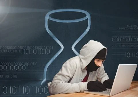 3D Hacker using a laptop in front of digital background with an hourglass 스톡 사진