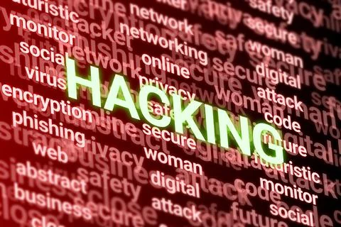 3D hacking word on technology related words. 스톡 일러스트