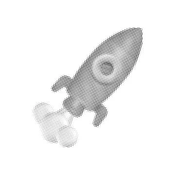 3d halftone rocket. Modern dotted collage element isolated on transparent Illustrazione stock
