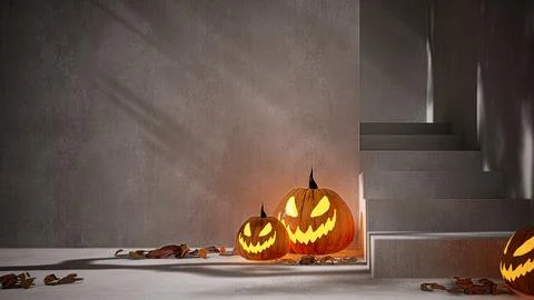 3D Halloween Background, Empty Concrete Wall, Stairs with Jack O' Lantern Stock Illustration