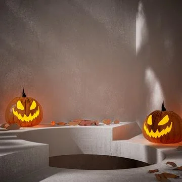 3D Halloween Background, Jack O' Lantern in Concrete Room with Hole on Floor Stock Illustration