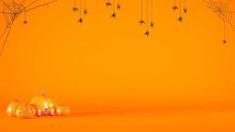 3d Halloween concept orange background with pumpkin lanterns and candles. Stock Illustration