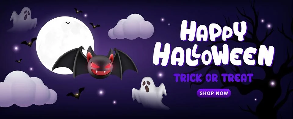 3d Halloween with Evil Bat, Ghosts, Full Moon, Clouds Stock Illustration
