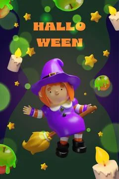 3D Halloween a flying witch under a starry sky. Stock Illustration