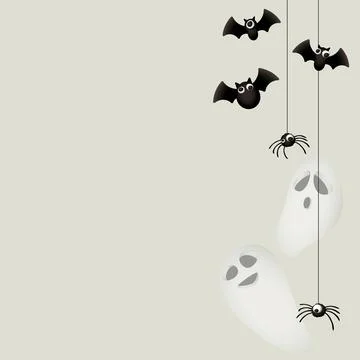 3D Halloween ghost, bats and spider on gray square background graphic illus.. Stock Illustration