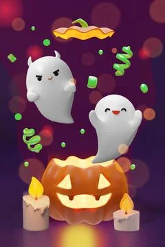 3D Halloween ghosts pumpkin candles confetti. Stock Illustration