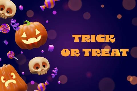 3d Halloween pumpkin, skeleton, candy banner Stock Illustration