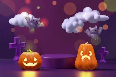3D Halloween pumpkins bats clouds crosses Stock Illustration
