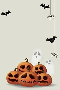 3D Halloween pumpkins, ghost, bats and spider on vertical gray background g.. Stock Illustration