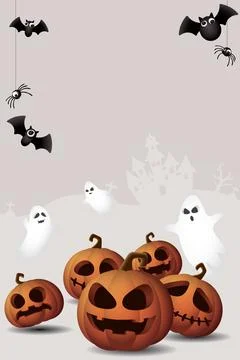 3D Halloween pumpkins, ghost, bats and spider on vertical gray background g.. Stock Illustration