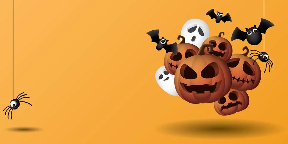 3D Halloween pumpkins, ghost, bats and spider on orange rectangle backgroun.. Stock Illustration