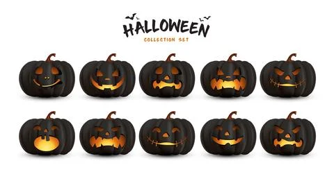 3d Halloween pumpkins set design. Dark black pumpkin with funny faces Stock Illustration