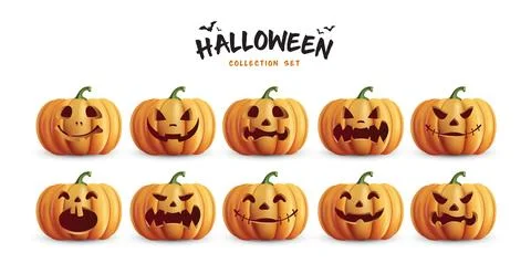 3d Halloween pumpkins set vector design. orange pumpkin with funny faces Stock Illustration