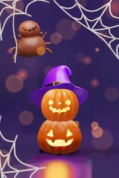 3D Halloween spider two glowing jack-o-lanterns Stock Illustration