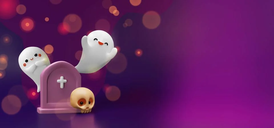3D Halloween two smiling ghosts and gravestone Stock Illustration
