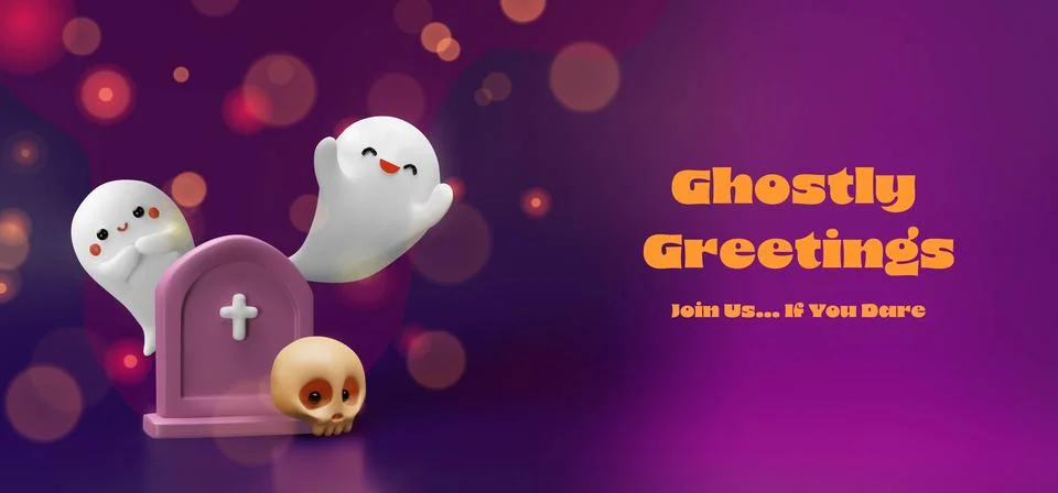 3D Halloween two smiling ghosts gravestone text Stock Illustration