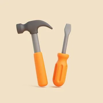 3D Hammer and Flathead Screwdriver with Orange Handles on Beige Background Ilustración de archivo