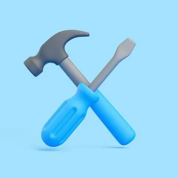 3D Hammer and Screwdriver Crossed on Blue Background Illustrazione stock