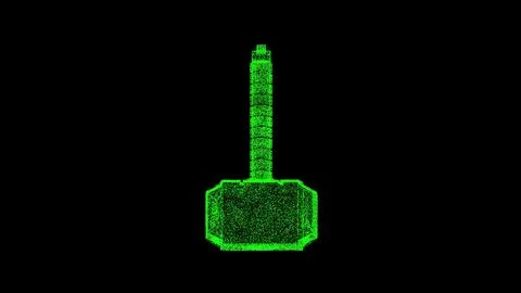 3D hammer on black bg. Object dissolved green flickering particles. Busines.. イラスト素材