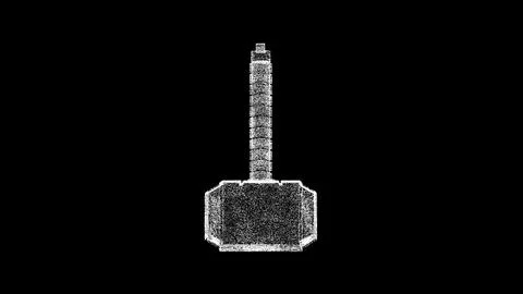 3D hammer on black bg. Object dissolved white flickering particles. Business  Illustrazione stock