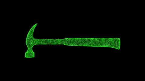 3D hammer on black bg. Object dissolved green flickering particles. Business  Ilustração Stock