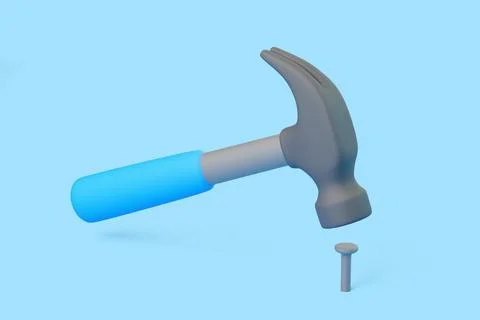3D hammer with blue handle hitting nail on light blue background Ilustración de archivo