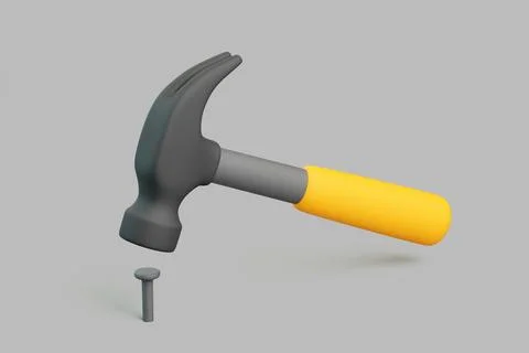 3D hammer with yellow handle and nail isolated on gray background 스톡 일러스트