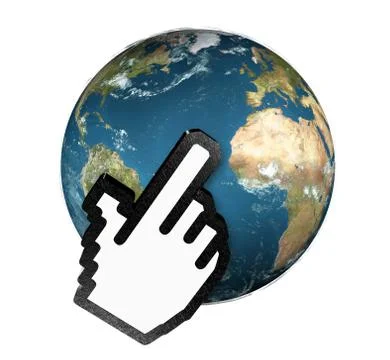 3d hand cursor clicking planet earth Illustrazione stock
