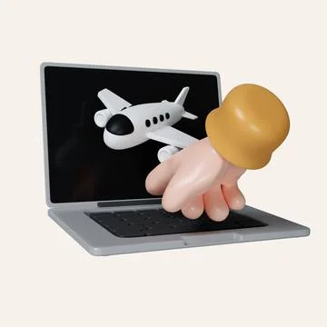 3D hand gesture on laptops and airplane. icon isolated on white background. 3d Stock Illustration