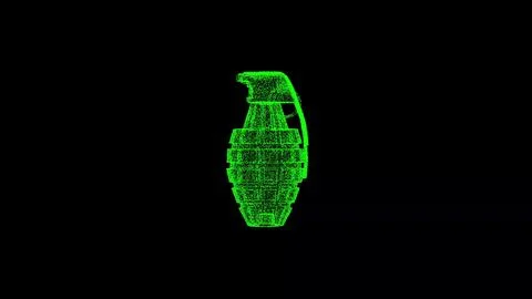 3D hand grenade on black bg. Object dissolved green flickering particles. B.. Illustrazione stock