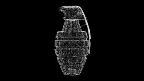 3D hand grenade on black bg. Object dissolved white flickering particles. Bus Stockillustratie