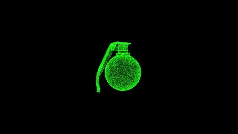 3D hand grenade on black bg. Object dissolved green flickering particles. Bus Illustrazione stock