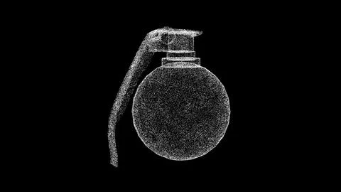 3D hand grenade on black bg. Object dissolved white flickering particles. Bus Stockillustratie