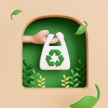 3d hand hold plastic bag with plant and beige. recycle and save the planet and Stock Illustration