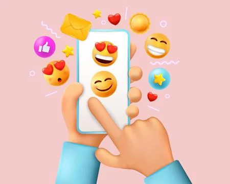 3d hand hold smartphone, device screen with emoji icons, glossy render elements Stock Illustration