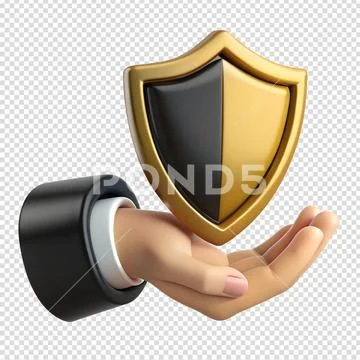3d hand holding black and golden shield PSD-sjabloon