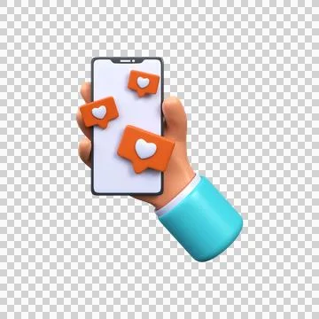 3d hand holding mobile smart phone with like notification icons. Stock Illustration