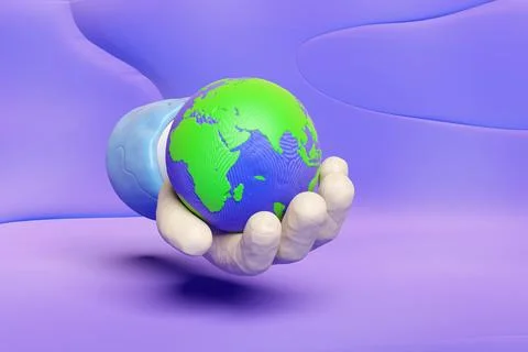 3d hand holding planet earth from plasticine isolated on blue background. w.. Stock Illustration