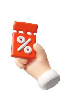 A 3D hand holding a red discount ticket with a percentage sign, coupon, sale Illustrazione stock