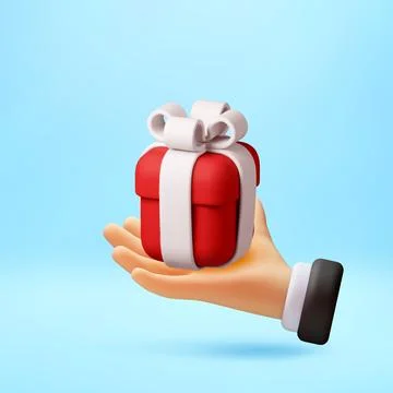 3d hand holding red gift box with white ribbon Stockillustratie