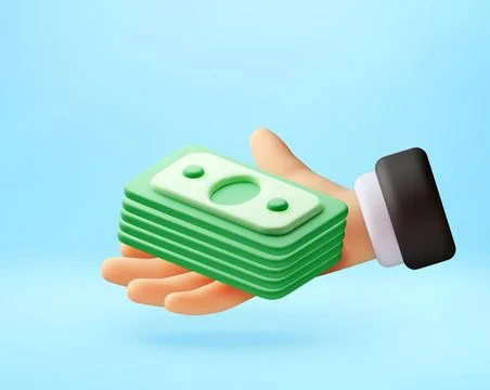 3D Hand holding stack of green paper money. Illustrazione stock